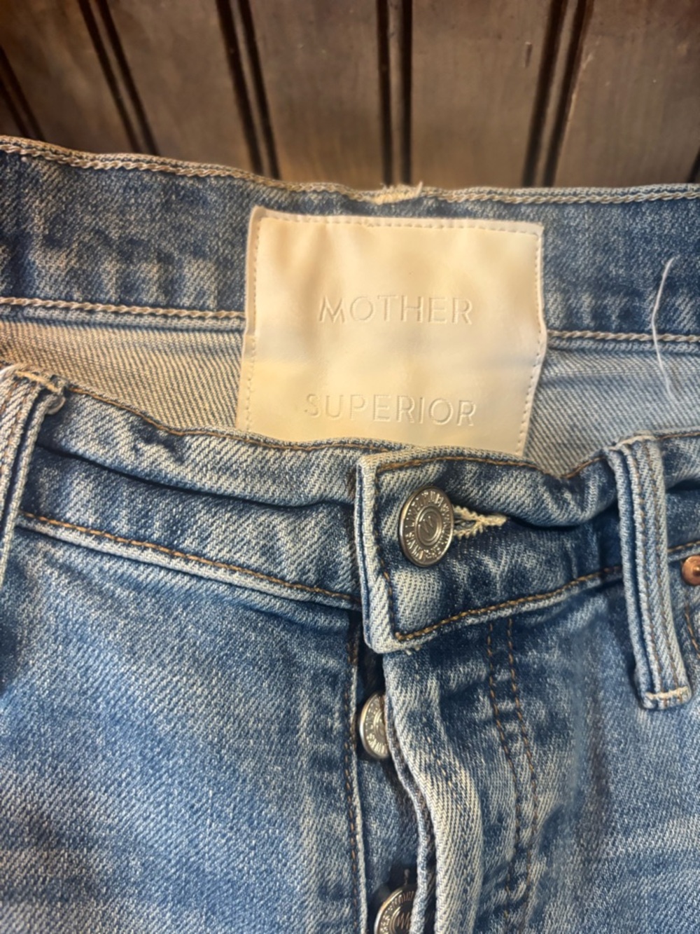 MOTHER High Rise Button-Fly Distressed Blue Jeans - Picture 3 of 4